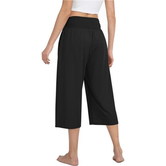 Women's Black High Waisted Capri Pants Casual‎ Wide Leg Yoga Pants with Pockets - Picture 4 of 5